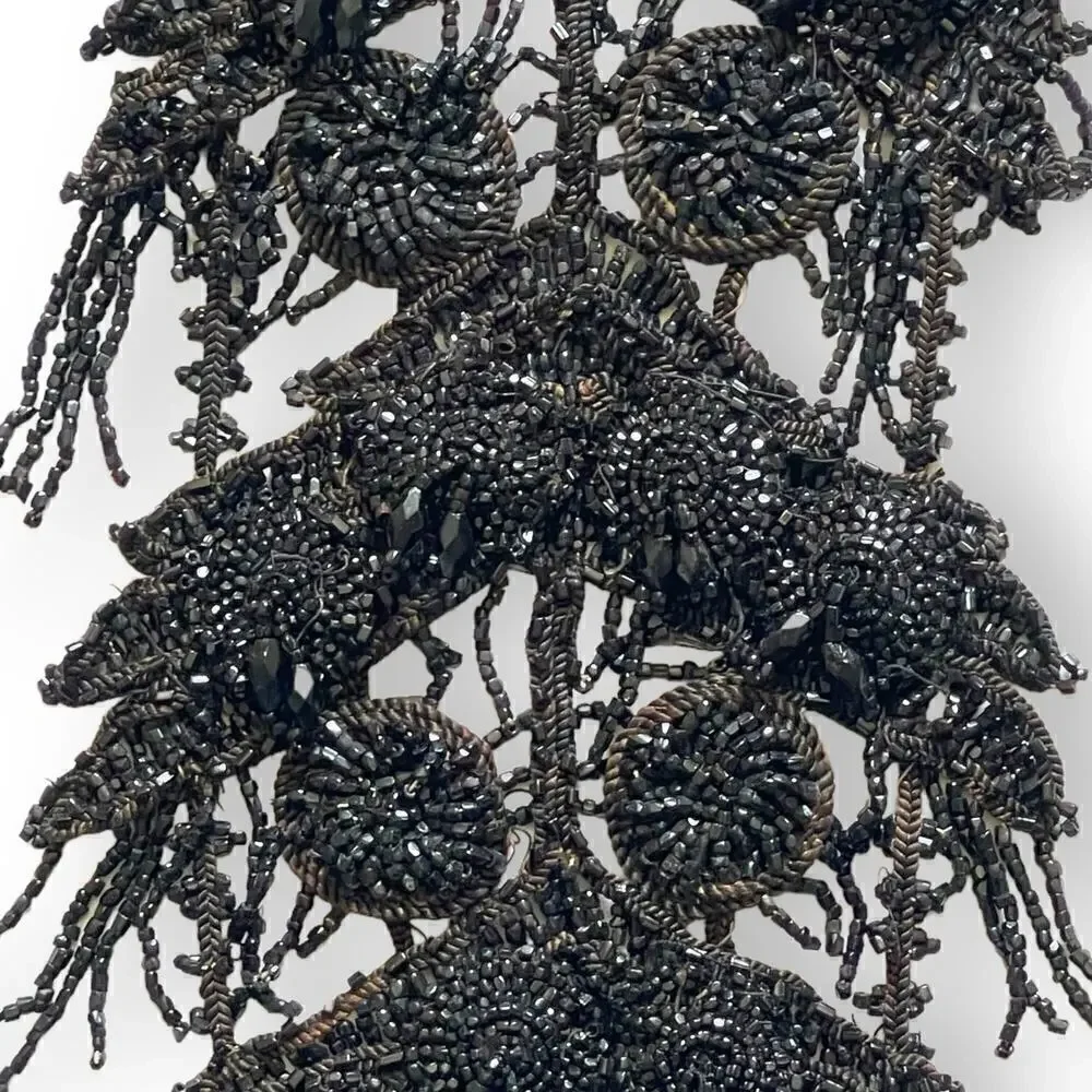 Giant Antique Victorian Jet Mourning Appliqué 33”x 5” Fringe Skirt Delineator